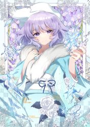 Rule 34 | 1girl, alternate costume, ametama (runarunaruta5656), arm up, blue kimono, blue nails, commentary, cropped legs, english commentary, floral background, floral print, flower, fur scarf, hair between eyes, highres, japanese clothes, kimono, letty whiterock, light purple hair, long sleeves, looking to the side, nail polish, obi, petals, purple hair, rose, sash, shards, short hair, smile, solo, touhou, white flower, white headwear, white rose, wide sleeves