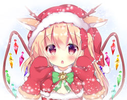 Rule 34 | 1girl, antlers, blonde hair, blush, bow, capelet, christmas, commentary request, ears through headwear, flandre scarlet, green bow, green neckwear, hat, horns, looking at viewer, mittens, parted lips, red eyes, rikatan, santa hat, side ponytail, snowing, touhou, wings