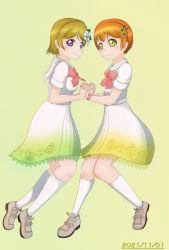 Rule 34 | 2girls, a song for you! you? you!, artist name, artist request, bare legs, belt, blush, bow, bowtie, breasts, female focus, fingers together, flower, full body, green eyes, grey footwear, hair between eyes, hair flower, hair ornament, highres, holding, holding hands, hoshizora rin, koizumi hanayo, leaf hair ornament, looking at viewer, love live!, love live! school idol festival, love live! school idol project, medium breasts, miniskirt, multiple girls, neckerchief, orange hair, parted lips, pink bow, pink neckerchief, pink scrunchie, plaid, plaid skirt, pleated, pleated skirt, purple eyes, sailor collar, scrunchie, shirt, shoes, short hair, short sleeves, skirt, small breasts, smile, socks, white belt, white flower, white footwear, white sailor collar, white shirt, white skirt, white socks, wrist scrunchie, yellow eyes, yellow flower