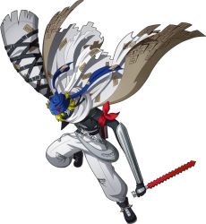Rule 34 | 1boy, baalmon, bandai, blonde hair, cape, demon, digimon, digimon new century, full body, gloves, holding, holding sword, holding weapon, jumping, looking at viewer, mask, mouth mask, official art, red eyes, simple background, solo, sword, third eye, weapon