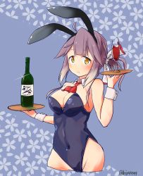 Rule 34 | 1girl, absurdres, ahoge, alcohol, animal ears, ascot, bare legs, black leotard, blue background, bottle, breasts, cleavage, covered navel, cowboy shot, cropped legs, cup, detached collar, drinking glass, fake animal ears, floral background, grey hair, hair ribbon, hayanami (kancolle), highres, kantai collection, komb, leotard, looking at viewer, medium breasts, playboy bunny, ponytail, purple hair, rabbit ears, rabbit tail, red ascot, ribbon, short hair, sidelocks, solo, strapless, strapless leotard, tail, tray, twitter username, white ribbon, wine, wine glass, wrist cuffs, yellow eyes