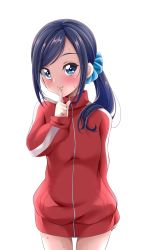 1girl, blue eyes, blue hair, blush, commentary request, eyelashes, finger to mouth, happy, healin&#039; good precure, highres, jacket, long hair, looking at viewer, precure, red track suit, s-operator, sawaizumi chiyu, side ponytail, simple background, smile, solo, standing, sweat, track jacket, track suit, white background