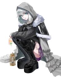 Rule 34 | 1girl, absurdres, add (fate), birdcage, boots, cage, cloak, cross-laced footwear, fate/grand order, fate (series), food, frills, fur trim, gray (fate), green eyes, grey cloak, grey hair, highres, holding, holding food, holding popsicle, hood, hood up, hooded cloak, koma (86355254), lace-up boots, looking at viewer, lord el-melloi ii case files, pleated skirt, popsicle, purple skirt, shaded face, sidelocks, simple background, skirt, solo, squatting, thigh boots, white background