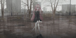 Rule 34 | 1girl, bare tree, black bow, black footwear, black shirt, black skirt, blush, bow, building, chihuri, closed mouth, hair between eyes, hair intakes, highres, holding, holding stuffed toy, loafers, long hair, long sleeves, nea (chihuri), original, outdoors, overcast, pantyhose, pink hair, pleated skirt, purple eyes, shirt, shoes, skirt, sky, solo, stuffed animal, stuffed snake, stuffed toy, tree, two side up, very long hair, white pantyhose, wing hair ornament