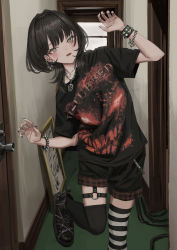 Rule 34 | 1girl, :d, absurdres, ankle boots, asymmetrical legwear, band shirt, black hair, black nails, black shirt, black shorts, black thighhighs, blush, boots, bracelet, chain, disturbed (band), earrings, fingernails, gishiki (gshk), goth fashion, hallway, hands up, head tilt, highres, jewelry, leaning to the side, looking at viewer, medium hair, merchandise, mismatched legwear, nail polish, necklace, o-ring, o-ring thigh strap, open mouth, original, pentagram, shirt, shorts, smile, solo, spiked boots, spiked bracelet, spikes, standing, standing on one leg, striped clothes, striped thighhighs, studded bracelet, thigh strap, thighhighs, yellow eyes