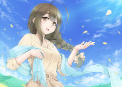 Rule 34 | 1girl, ahoge, blue scarf, blue sky, blush, braid, breasts, brown eyes, brown hair, cloud, cloudy sky, collarbone, commentary request, day, hair ribbon, hand up, idolmaster, idolmaster shiny colors, kuwayama chiyuki, light rays, long braid, long hair, looking at viewer, medium breasts, miri (ago550421), open mouth, outdoors, petals, ribbon, scarf, shirt, single braid, sky, sleeves rolled up, smile, solo, standing