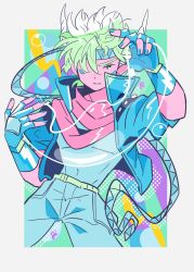 Rule 34 | 1boy, absurdres, battle tendency, blue gloves, blue jacket, blue nails, bubble, caesar anthonio zeppeli, collared jacket, covered navel, facial mark, feather hair ornament, fingerless gloves, gloves, gogeyama, green eyes, hair ornament, hair over one eye, hand up, headband, high collar, highres, hydrokinesis, jacket, jojo no kimyou na bouken, light green hair, looking ahead, male focus, nail polish, one eye covered, pink scarf, scarf, short hair, solo, star-shaped pupils, star (symbol), symbol-shaped pupils, triangle print, water