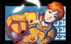 Rule 34 | brown eyes, character name, character request, dated, dutch angle, gundam, helmet, holding, holding helmet, lips, looking at viewer, orange hair, parted lips, petals, short hair, signature, spacesuit, upper body, werkbau