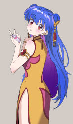 Rule 34 | 1girl, absurdres, armlet, blue hair, breasts, brown background, china dress, chinese clothes, colored inner hair, double bun, dress, earrings, from behind, hair behind ear, hair bun, head tilt, highres, holding, jewelry, looking at viewer, looking back, medium breasts, multicolored hair, orange dress, parted lips, pink dress, purple hair, ranma 1/2, shampoo (ranma 1/2), side slit, solo, two-tone dress, yaha0079