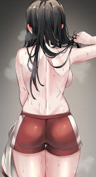 Rule 34 | 1girl, absurdres, back, back focus, backboob, bang dream!, black hair, blush, breasts, ear blush, hand in own hair, highres, large breasts, long hair, patpang, shirokane rinko, shorts, simple background, solo, sweat, topless