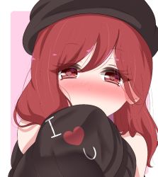 Rule 34 | 1girl, bad id, bad pixiv id, bare shoulders, beret, black hat, black shirt, blush, border, clothes writing, commentary, english commentary, eyelashes, hair between eyes, hat, heart, heart-shaped pupils, hecatia lapislazuli, holding, holding clothes, long hair, looking at viewer, nose blush, off shoulder, outside border, pink background, portrait, red eyes, red hair, shirt, simple background, solo, symbol-shaped pupils, t-shirt, touhou, white border, yukome
