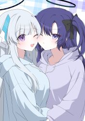 Rule 34 | 2girls, blue archive, blue hoodie, blush, breasts, grey hair, halo, highres, hood, hoodie, large breasts, long hair, long sleeves, mechanical halo, multiple girls, noa (blue archive), one eye closed, open mouth, purple eyes, purple hair, purple hoodie, seno (senohime), smile, yuuka (blue archive)