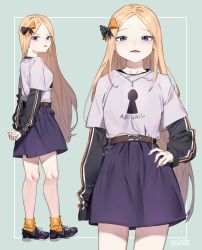 Rule 34 | 1girl, abigail williams (fate), absurdres, alternate costume, bad id, bad pixiv id, black bow, blonde hair, blue eyes, blush, bow, character name, clothes writing, commentary request, fate/grand order, fate (series), forehead, garin, green background, hair bow, hand on own hip, highres, layered sleeves, long hair, long sleeves, looking at viewer, multiple views, nail polish, orange bow, orange socks, parted bangs, parted lips, polka dot, polka dot bow, purple footwear, purple shirt, purple skirt, shirt, shoes, short over long sleeves, short sleeves, skirt, smile, socks, standing, twitter username, two-tone background, v-shaped eyebrows, very long hair, white background