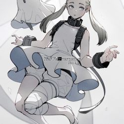 Rule 34 | 1girl, backpack, bag, bandaged leg, bandages, bare shoulders, black bag, black collar, blonde hair, blue eyes, closed mouth, collar, collarbone, copyright name, cropped, dated, dress, fingernails, fio (nier), floating, ghost, highres, long hair, mama (nier), nier (series), nier reincarnation, oimo (oimkimn), twintails, white dress, white footwear