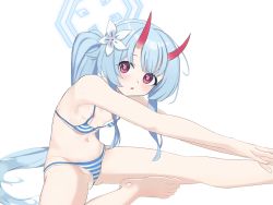 Rule 34 | 1girl, bikini, blue archive, blue hair, breasts, chise (blue archive), chise (swimsuit) (blue archive), flower, hair flower, hair ornament, halo, highres, horns, leaning forward, loose bikini, multicolored bikini, multicolored clothes, multicolored swimsuit, nanana narang, nipples, oni horns, outstretched arms, oversized clothes, red eyes, sitting, small breasts, spread legs, stretching, striped bikini, striped clothes, swimsuit