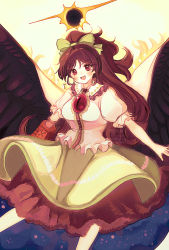 Rule 34 | 1girl, :d, arm cannon, bird wings, black wings, blush, bow, breasts, cape, chest jewel, feathered wings, feet out of frame, green bow, green skirt, hair bow, highres, large wings, long hair, looking at viewer, nonkiruu, open mouth, petticoat, reiuji utsuho, simple background, skirt, smile, solo, spread wings, touhou, weapon, white background, wings