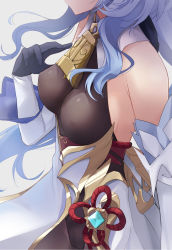 Rule 34 | 1girl, bare shoulders, bell, black legwear, black leotard, blue gloves, blue hair, bodystocking, bodysuit, breasts, chinese knot, covered erect nipples, detached sleeves, flower knot, from side, ganyu (genshin impact), genshin impact, gloves, gold trim, groin, head out of frame, highres, leotard, leotard under clothes, long hair, medium breasts, neck bell, rikudou inuhiko, sidelocks, solo, standing, vision (genshin impact), white sleeves
