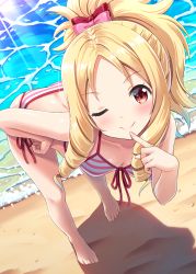 Rule 34 | 10s, 1girl, ;), bare arms, bare legs, barefoot, bent over, bikini, blonde hair, blush, bow, breasts, brown eyes, collarbone, day, drill hair, eromanga sensei, finger to mouth, front-tie bikini top, front-tie top, full body, hair bow, hand on own hip, highres, hyuuga azuri, leaning forward, legs apart, long hair, looking at viewer, medium breasts, one eye closed, outdoors, parted bangs, pink bow, ponytail, red bow, shadow, side-tie bikini bottom, smile, solo, standing, striped bikini, striped clothes, sunlight, swimsuit, toes, twin drills, water, yamada elf