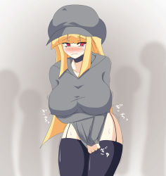 Rule 34 | 1girl, black choker, black thighhighs, blonde hair, blunt bangs, blush, breast expansion, breasts, cabbie hat, choker, closed mouth, covered erect nipples, dress, dress tug, embarrassed, female focus, garter straps, grey background, grey dress, grey headwear, hand up, hat, highres, huge breasts, japanese text, jpeg artifacts, leaning forward, long hair, long sleeves, looking to the side, no panties, nose blush, public indecency, red eyes, shiny clothes, silhouette, simple background, solo focus, standing, sweat, tears, thighhighs, translation request, trembling, umagoya mochi, undersized clothes, wavy mouth