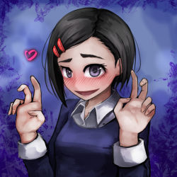 Rule 34 | 1girl, :d, black hair, blue background, blush, collared shirt, commentary request, double v, fingernails, hair ornament, hairclip, hands up, highres, idolmaster, idolmaster cinderella girls, looking at viewer, matsuo chizuru, nail polish, nose blush, open mouth, pink shirt, purple eyes, purple sweater, ray-k, shirt, short hair, smile, solo, sweater, swept bangs, v, white shirt, wing collar