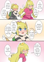 Rule 34 | 2girls, holding another&#039;s arm, bare shoulders, black dress, blonde hair, blue eyes, blush, blush stickers, bowsette, comic, crying, crying with eyes open, dress, earrings, english text, engrish text, closed eyes, faceless, horns, jewelry, long hair, mario (series), multiple girls, new super mario bros. u deluxe, nintendo, nose blush, pink dress, ponytail, pov, princess peach, ranguage, sesield, short hair, strapless, strapless dress, streaming tears, super crown, tears