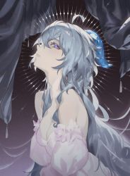 Rule 34 | 1girl, ahoge, bare shoulders, blue hair, breasts, dress, from side, ganyu (genshin impact), genshin impact, horns, long hair, looking at viewer, low ponytail, medium breasts, parted lips, purple eyes, ryein, sidelocks, solo, upper body, white dress