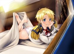 Rule 34 | 10s, 1girl, ahoge, ass, barefoot, bed sheet, bernina (rail wars!), between toes, blonde hair, blue eyes, breasts, end card, epaulettes, feet, holding with feet, gentle sasaki, grin, indoors, lips, long sleeves, looking at viewer, lying, no pants, on bed, on stomach, panties, rail wars!, reverse trap, short hair, smile, soles, solo, the pose, toes, underwear, window