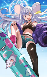 Rule 34 | 1girl, absurdres, animal ears, black thighhighs, blue archive, breasts, casual, commentary request, connyalow, fingernails, grey hair, halo, highres, jacket, kickboard, mouse (animal), mouse ears, mouse tail, navel, red eyes, saya (blue archive), saya (casual) (blue archive), shorts, skateboard, sky, solo, tail, thighhighs