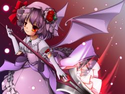 Rule 34 | 1girl, aura, bat wings, blouse, bow, brooch, elbow gloves, embellished costume, flower, frills, gloves, gradient background, hat, hat flower, hat ribbon, highres, jewelry, kakiikada, leaf, light particles, light purple hair, light smile, looking at viewer, mob cap, puffy short sleeves, puffy sleeves, red eyes, red flower, red rose, remilia scarlet, ribbon, ring, rose, shirt, short hair, short sleeves, simple background, solo, spear the gungnir, touhou, wings