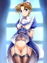Rule 34 | 1girl, anna (toushin toshi), apron, blue eyes, blush, breasts, brown hair, clothes lift, dha, dress, dress lift, female focus, frills, looking at viewer, maid, maid apron, maid headdress, no panties, pussy, pussy juice, solo, standing, thighhighs, toushin toshi, toushin toshi ii, uncensored