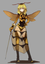 Rule 34 | 1girl, antennae, arthropod girl, black footwear, black thighhighs, blonde hair, boots, frostcyco, full body, hand on own hip, highres, insect wings, long skirt, looking at viewer, original, personification, rapier, see-through, skirt, solo, standing, sword, thigh boots, thighhighs, wasp, weapon, wings, yellow eyes