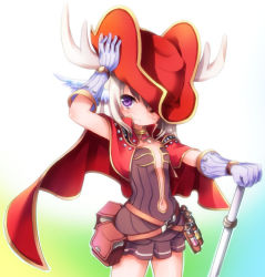 Rule 34 | 1girl, antlers, bad id, bad pixiv id, belt, blush, cape, creator (ragnarok online), female focus, gloves, gradient background, hat, hizukiryou, holding, holding clothes, holding hat, horns, one eye closed, original, purple eyes, purple hair, ragnarok online, smile, solo, white hair, wink