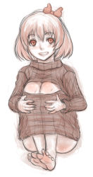 Rule 34 | 1girl, barefoot, cleavage cutout, clothing cutout, grin, hair ribbon, highres, kuro suto sukii, hugging own legs, limited palette, long sleeves, meme attire, open-chest sweater, ribbed sweater, ribbon, rumia, sketch, smile, soles, solo, sweater, touhou, turtleneck