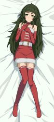 Rule 34 | 1girl, absurdres, artist request, bed, belt buckle, blush, buckle, dress, eyebrows, female focus, flat chest, full body, fur-trimmed dress, fur trim, gloves, green eyes, highres, hiyajou maho, long hair, looking at viewer, lying, red dress, red gloves, solo, steins;gate, steins;gate 0, thick eyebrows, thighhighs, very long hair
