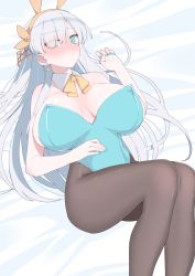 Rule 34 | 1girl, akitokage, alternate breast size, anastasia (fate), animal ears, bare shoulders, blue eyes, blue leotard, blush, breasts, brown pantyhose, cleavage, detached collar, earrings, fake animal ears, fate/grand order, fate (series), hair over one eye, hairband, highleg, highleg leotard, highres, huge breasts, jewelry, knees up, leotard, long hair, looking at viewer, lying, on back, pantyhose, playboy bunny, rabbit ears, silver hair, solo, strapless, strapless leotard, thighs, very long hair