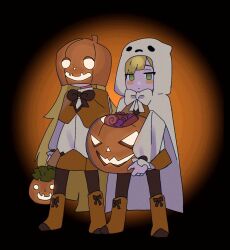 Rule 34 | 1boy, 1girl, blonde hair, blush, boots, bow, bowtie, brown bow, brown bowtie, brown pantyhose, candy, capelet, closed mouth, food, ghost costume, green eyes, holding, holding food, holding pumpkin, holding vegetable, jack-o&#039;-lantern, lobotomy corporation, long hair, long sleeves, mu46016419, orange capelet, orange footwear, pantyhose, project moon, puffy long sleeves, puffy sleeves, pumpkin, shirt, tiphereth a (project moon), tiphereth b (project moon), vegetable, very long hair, white bow, white bowtie, white shirt