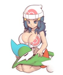 Rule 34 | 1boy, 1girl, alternate breast size, beanie, blue eyes, blue hair, breasts, cleavage, creatures (company), dawn (pokemon), folded hair, front-tie top, gallade, game freak, gen 4 pokemon, hair ornament, hairclip, hat, highres, huge breasts, lap pillow, long hair, mystical, nintendo, pokemon, pokemon (creature), pokemon dppt