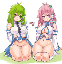 Rule 34 | 2girls, bare shoulders, black necktie, black socks, blue skirt, bottomless, breasts, closed mouth, clothes lift, collared shirt, commentary request, covered erect nipples, curvy, dated, detached sleeves, dual persona, eyes visible through hair, frog hair ornament, furrowed brow, grass, green eyes, green hair, groin, hair between eyes, hair ornament, hair tubes, japanese clothes, kei jiei, kneehighs, kochiya sanae, large breasts, lifting own clothes, long hair, long skirt, looking at viewer, miko, multiple girls, necktie, no bra, no panties, on ground, panties, panty pull, pink eyes, pink hair, pink panties, seiza, shirt, shirt lift, sitting, skirt, skirt lift, sleeveless, sleeveless shirt, smile, snake hair ornament, socks, thighs, touhou, underwear, wakamezake, wavy hair, white background, white legwear, white shirt, wide hips, wide sleeves