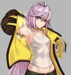 Rule 34 | 1girl, arm up, armpits, blush, breasts, collarbone, emily (last origin), artistic error, grey background, highres, jacket, last origin, long hair, looking at viewer, midriff, narcur, parted lips, pink hair, red eyes, removing jacket, shirt, simple background, small breasts, steam, sweat, swept bangs, tank top, toned, undershirt, upper body, very long hair, white shirt