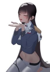 Rule 34 | 1girl, absurdres, ascot, blue jacket, blush, brown hair, closed eyes, cropped jacket, goddess of victory: nikke, highres, hip bones, jacket, k.uncomfortable, long hair, marciana (nikke), military uniform, navel, navel piercing, own hands together, pants, piercing, seiza, simple background, sitting, solo, straight hair, tongue, tongue out, uniform, white ascot, white background, white pants