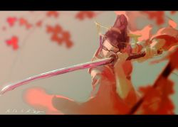 Rule 34 | 1girl, 2016, autumn leaves, bayonetta, bayonetta (series), branch, brown hair, commentary request, dated, glasses, grey background, hair bun, hair ornament, hairpin, haori, holding, holding sword, holding weapon, japanese clothes, kara namako, katana, leaf, letterboxed, long sleeves, one eye closed, simple background, single hair bun, solo, sword, weapon, wide sleeves