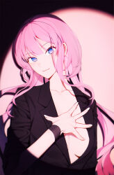 Rule 34 | 1girl, black jacket, black wristband, blue eyes, breasts, cleavage, closed mouth, collarbone, formal, gahi, hand on own chest, highres, jacket, lapels, long hair, looking at viewer, medium breasts, no bra, notched lapels, original, pant suit, pants, pink hair, sidelocks, solo, spotlight, standing, suit, suit jacket, upper body, wristband