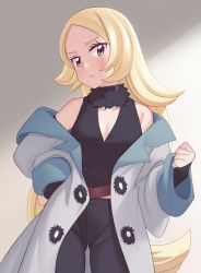 Rule 34 | 1girl, aged down, belt, black pants, blonde hair, blush, breasts, cleavage, closed mouth, coat, collarbone, commentary request, creatures (company), cynthia (pokemon), eyelashes, frown, fur collar, game freak, gazing eye, grey eyes, hand on own hip, highres, long hair, looking at viewer, nintendo, off shoulder, open clothes, open coat, pants, pokemon, pokemon (anime), pokemon journeys, shirt, sleeveless, sleeveless shirt, solo, sweatdrop, v-neck, very long hair