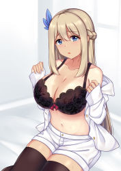 Rule 34 | 1girl, absurdres, black bra, black thighhighs, blue eyes, bra, braid, breasts, collarbone, feather hair ornament, french braid, hair ornament, highres, jacket, large breasts, lexington (warship girls r), long hair, long sleeves, navel, open clothes, open jacket, platinum blonde hair, short shorts, shorts, sitting, solo, tan, tanline, thighhighs, underwear, warship girls r, white jacket, white shorts, xiao qi
