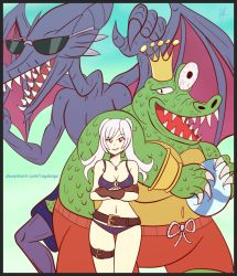 Rule 34 | 1girl, 2others, alien, bikini, blue male swimwear, blue swim trunks, cape, crocodilian, crown, dark persona, donkey kong (series), donkey kong country, drawstring, evil smile, fire emblem, fire emblem awakening, fire emblem heroes, gloves, grima (fire emblem), highres, hood, jewelry, king k. rool, long hair, looking at viewer, male swimwear, mario (series), metroid, monster, multiple others, necklace, nintendo, open mouth, raydango, red eyes, red male swimwear, red swim trunks, ridley, robe, robin (female) (fire emblem), robin (fire emblem), sharp teeth, simple background, smile, super smash bros., swim trunks, swimsuit, teeth, twintails, white hair, wings