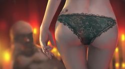 Rule 34 | 1boy, 1girl, absurdres, ass, black panties, blurry, candle, candlelight, depth of field, ghostblade, highres, jewelry, light, lingerie, panties, ring, tattoo, thigh gap, underwear, underwear only, wlop