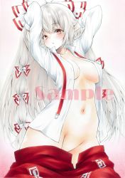 Rule 34 | 1girl, arim0k0, arms behind head, bow, breasts, cleavage, clothes pull, fujiwara no mokou, groin, hair bow, hand in own hair, highres, large breasts, long hair, long sleeves, looking at viewer, navel, open clothes, open mouth, open shirt, pants, pants pull, parted lips, red eyes, red pants, sample watermark, solo, suspenders, touhou, traditional media, watermark, white background, white hair