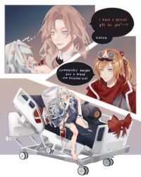 Rule 34 | 3girls, absurdres, bandaged leg, bandages, bandaid, bandaid on knee, bandaid on leg, bare legs, barefoot, black necktie, blonde hair, blood, blue dress, blue eyes, blue nails, breasts, closed mouth, commentary, dress, english commentary, english text, female commander (girls&#039; frontline), full body, girls&#039; frontline, grey hair, grey sweater, griffin &amp; kryuger military uniform, hand in own hair, highres, jacket, kalina (girls&#039; frontline), legs, lips, long hair, looking at another, looking down, merry christmas, multiple girls, nail polish, necktie, open mouth, orange hair, red jacket, red scarf, ribeyrolles (girls&#039; frontline), scarf, shinyuxo, side ponytail, sitting, small breasts, sweater, toenail polish, toenails, white background
