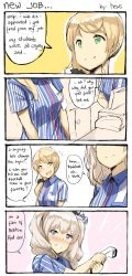 Rule 34 | 2girls, 4koma, barcode scanner, blonde hair, blue eyes, comic, crossover, ellen baker, employee uniform, english text, green eyes, hair ornament, hews, highres, kantai collection, kashima (kancolle), lawson, left-to-right manga, multiple girls, new horizon, parody, ponytail, silver hair, trait connection, twintails, uniform