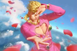 Rule 34 | 1boy, artist name, blonde hair, blue eyes, bracelet, cloud, cloudy sky, day, earrings, giorno giovanna, jewelry, jojo no kimyou na bouken, krabat, lips, long sleeves, looking at viewer, male focus, manly, nose, petals, reaching, reaching towards viewer, shading eyes, signature, sky, solo, upper body, vento aureo
